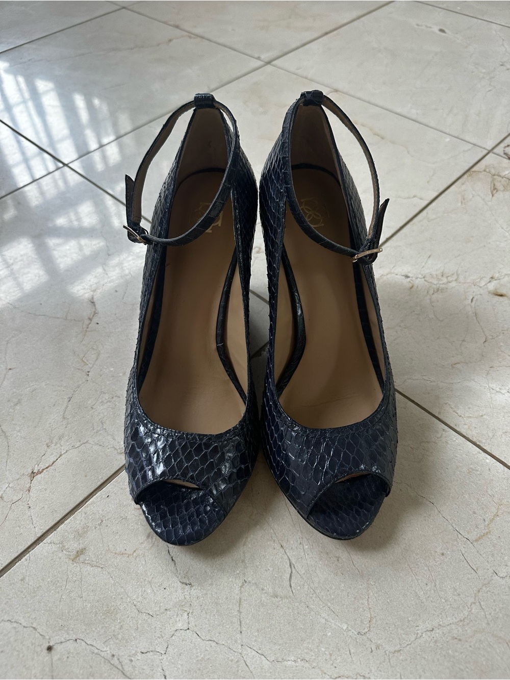 Ann Taylor Navy Faux Snakeskin Peep-Toe Ankle Strap Heels